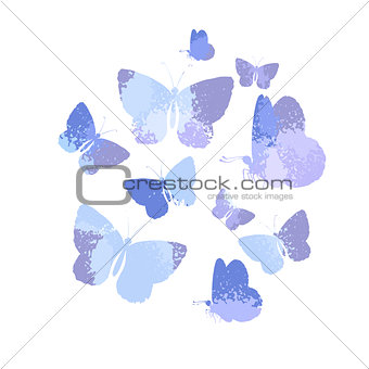 Design, set of blue silhouettes watercolor butterflies isolated on white background.