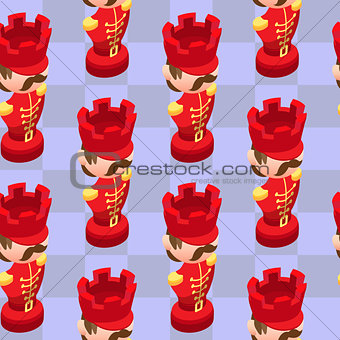 Chess seamless pattern with isometric cartoon chess pieces Rook.
