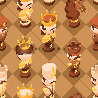 Chess seamless pattern with isometric cartoon chess pieces.
