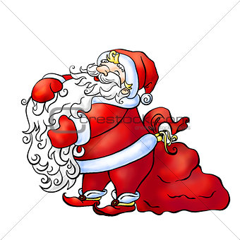 Santa Claus stroking his furry long beard near the large red bag