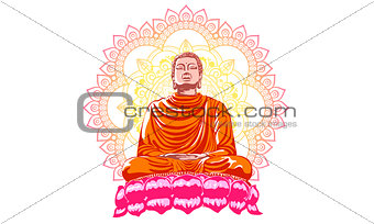 Buddha over ornate mandala round pattern esoteric, shining buddh