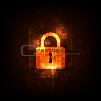 Digital world security system on a dark orange background.