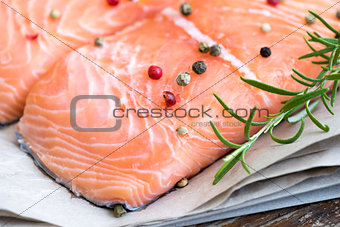 Detail of Raw Salmon Fish Fillet with Spices and Fresh Herbs