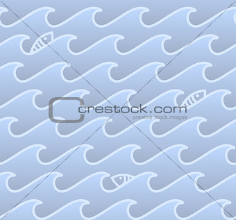 Seamless pattern with waves and fishes, stylized water waves ornament, light blue vector background, sea or ocean motif