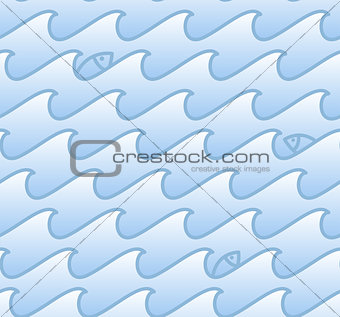 Seamless pattern with waves and fishs, stylized water waves ornament, light blue vector background, sea or ocean motif