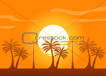 Summer color background with palm trees on the beach