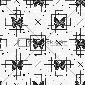 Black butterfly and line seamless pattern on white background