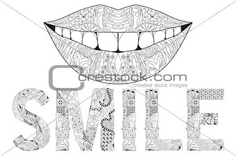 Word smile with silhouette of lips. Vector decorative zentangle object
