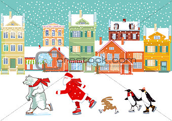 Santa Claus with polar bear, penguin and bunny skating, illustration