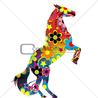 Horse on its hind legs with a colored floral pattern 