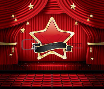 Red Stage Curtain with Star, Seats and Copy Space. 