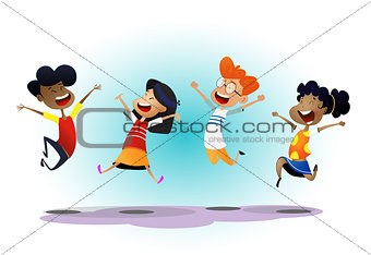 Happy school multiracial children joyfully jumping