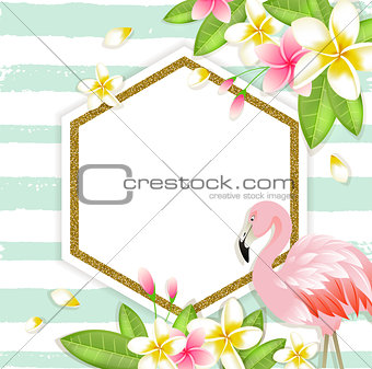 Floral tropical banner with flamingo