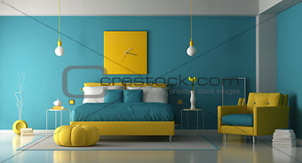 Blue and yellow master bedroom