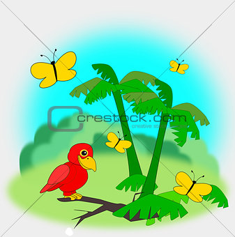 Red Parrot in the Jungle with Butterflies.