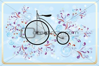 Retro bicycle with colorful swirls on blue waves and bubbles bac