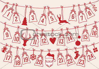Advent calendar with Christmas bags, vector set