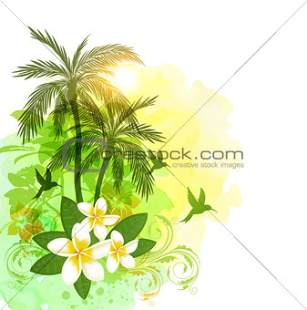 Tropical watercolor background with green palms