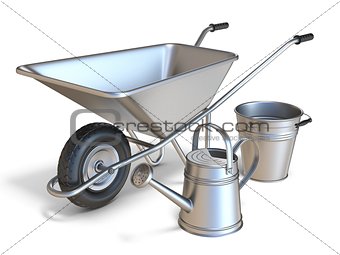 Wheelbarrow with watering can and metal bucket 3D