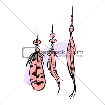 Hand drawn watercolor feathers. Pink hackles of bird Isolated on white background. Boho chic. Vector illustration.