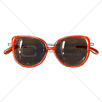 Red sun glasses isolated on white background. Illustration with fashion summer accessory. Classical actual shape and black glass.