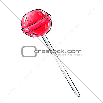 Pink lollipop illustration isolated on white background. Candy for children and adults. Sweet accessory. Sugar bowl on stick.