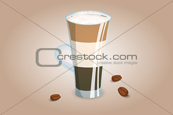 Three layer coffee drink in a transparent cup with milk foam. Unusual coffee serving. Vector illustration.