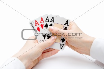 playing cards - hand of four aces and jocker